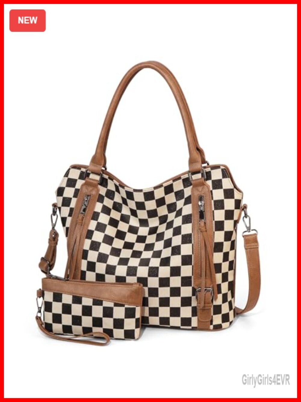 Checkered PU Leather Tote Bag Large Hobo Shoulder Handbag with Multiple Pockets